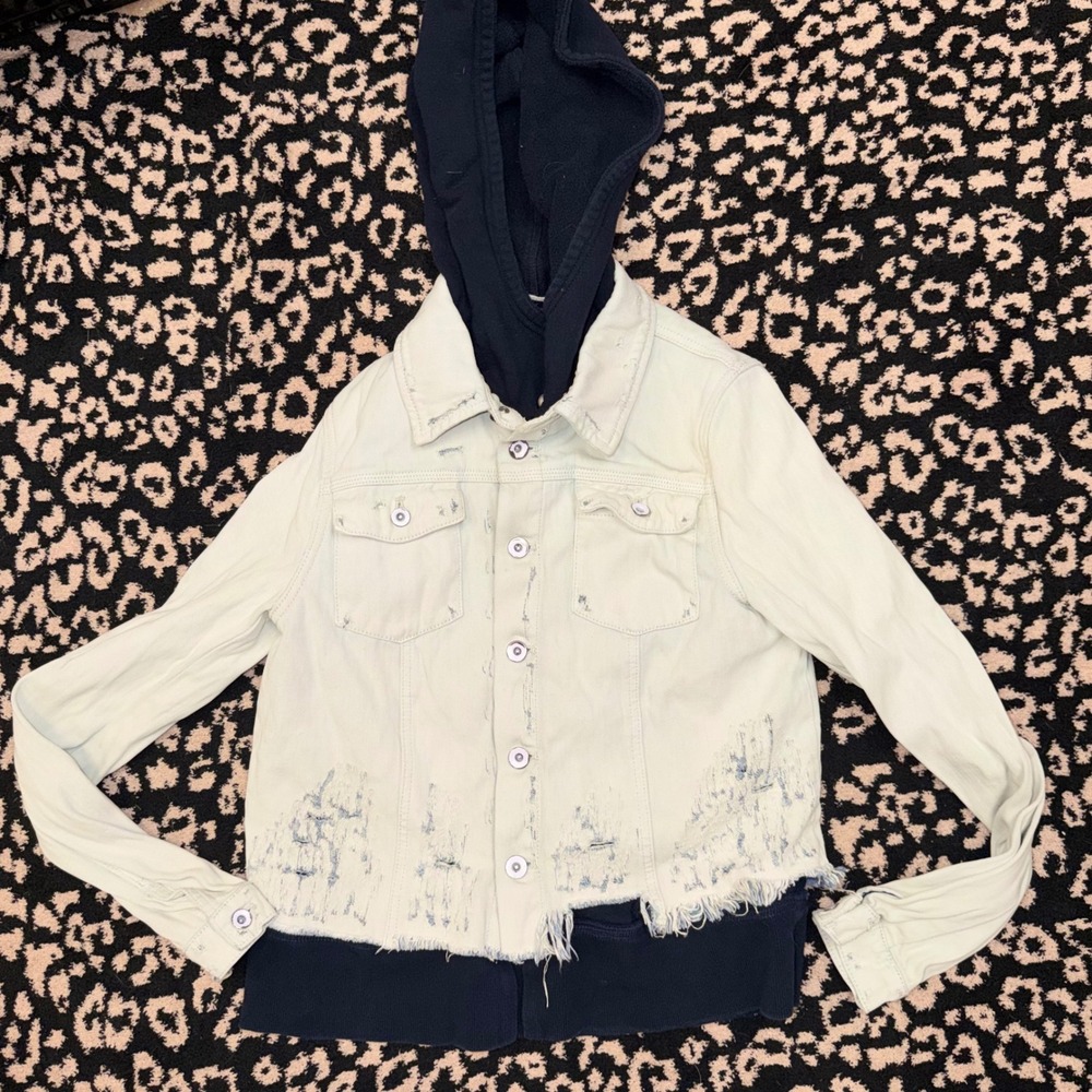 Free People Denim Jacket Womens Small Mint Navy Distressed Layered Hoodie Grunge